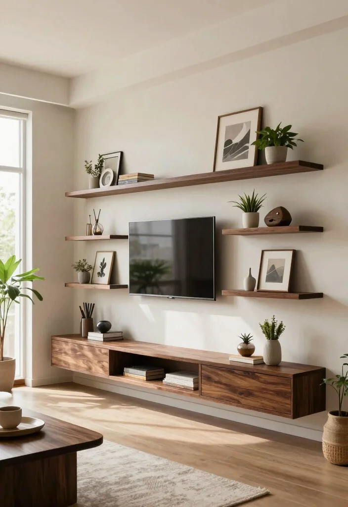 16 Living Room with Dark Wood Furniture Inspiration - 4. Wall-Mounted Dark Wood Accents 1