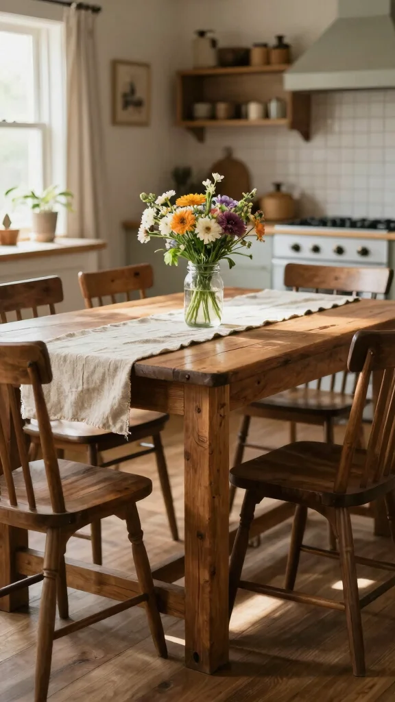 16 Rustic Kitchen Design: Charming Ideas for a Cozy Space - 8. Vintage Farmhouse Dining Table 1