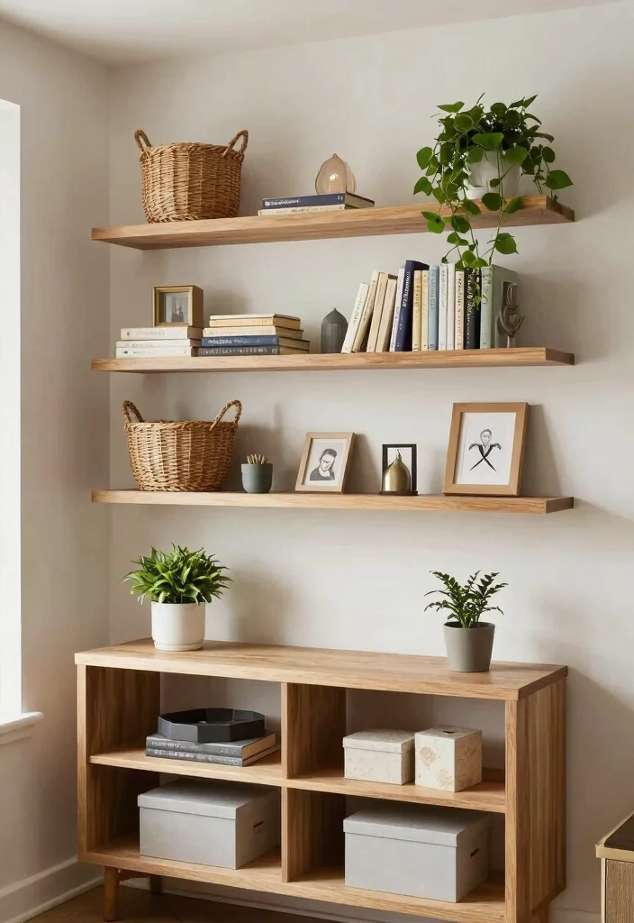 16 Ways to Place Furniture in Living Room Effectively - 13. Consider Open Shelving 1