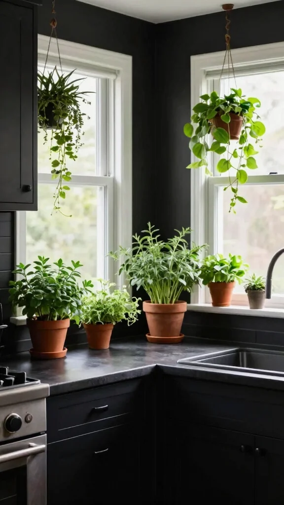 17 Black Kitchen Design Ideas: Bold and Modern Elegance - 15. Incorporating Greenery 1