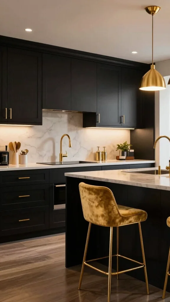 17 Black Kitchen Design Ideas: Bold and Modern Elegance - 3. Black and Gold Accents 1