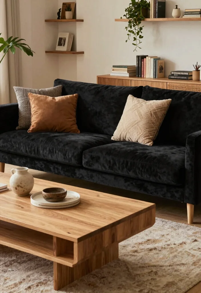 17 Black and Wood Furniture Living Room Ideas - 1. The Classic Black Sofa with Wood Accents 1