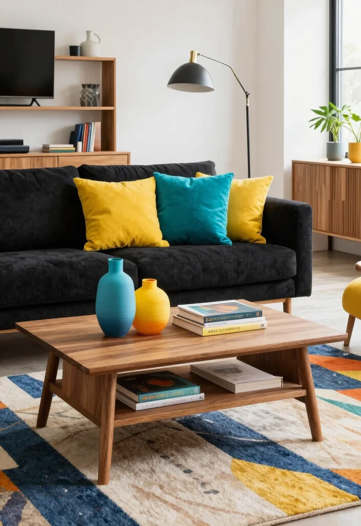 17 Black and Wood Furniture Living Room Ideas - 10. Color Pop with Black and Wood Furniture 1