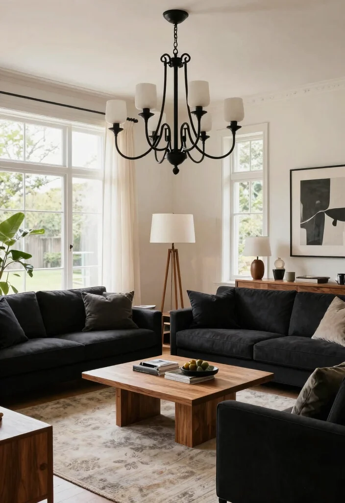17 Black and Wood Furniture Living Room Ideas - 12. Statement Lighting Fixtures 1