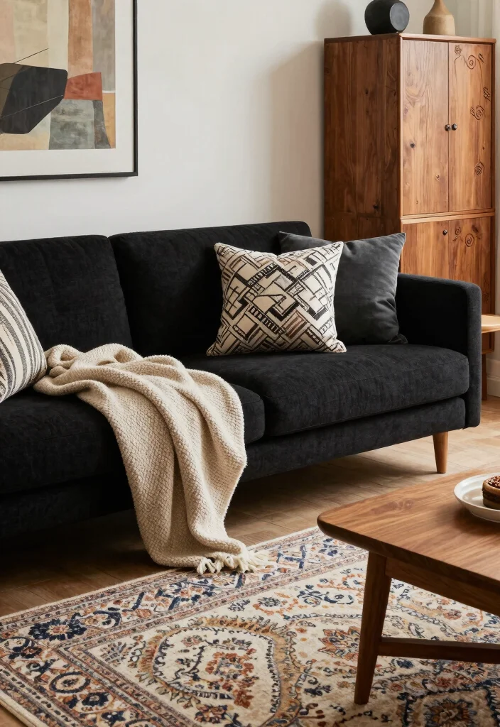 17 Black and Wood Furniture Living Room Ideas - 14. Exploring Patterns and Prints 1