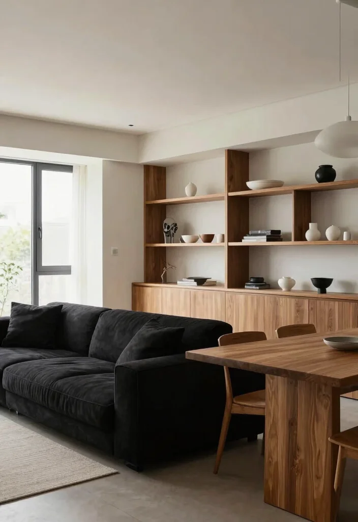 17 Black and Wood Furniture Living Room Ideas - 15. Open Space Living with Black and Wood 1