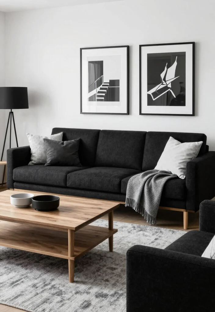 17 Black and Wood Furniture Living Room Ideas - 16. The Power of Monochrome 1