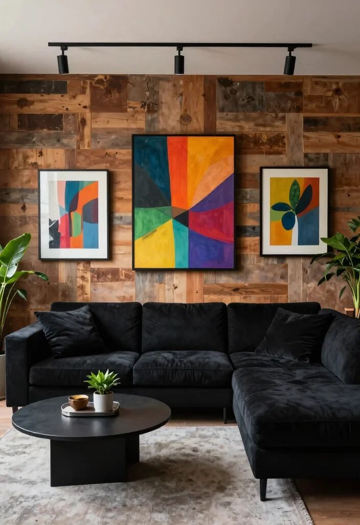 17 Black and Wood Furniture Living Room Ideas - 4. Bold Black Furniture with Natural Wood Backdrop 1