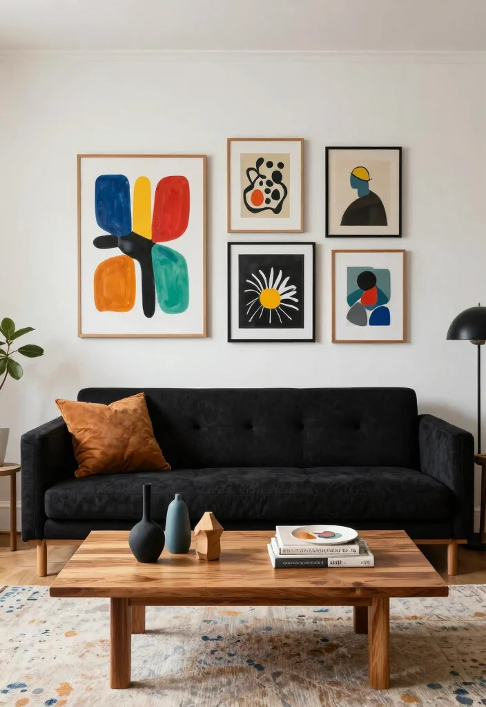 17 Black and Wood Furniture Living Room Ideas - 8. Artistic Expressions through Black and Wood 1