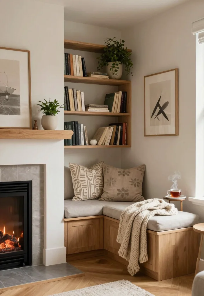 17 Corner Fireplace Living Room Layout Ideas and Furniture Arrangement - 1. Cozy Nook with Built-In Seating 1