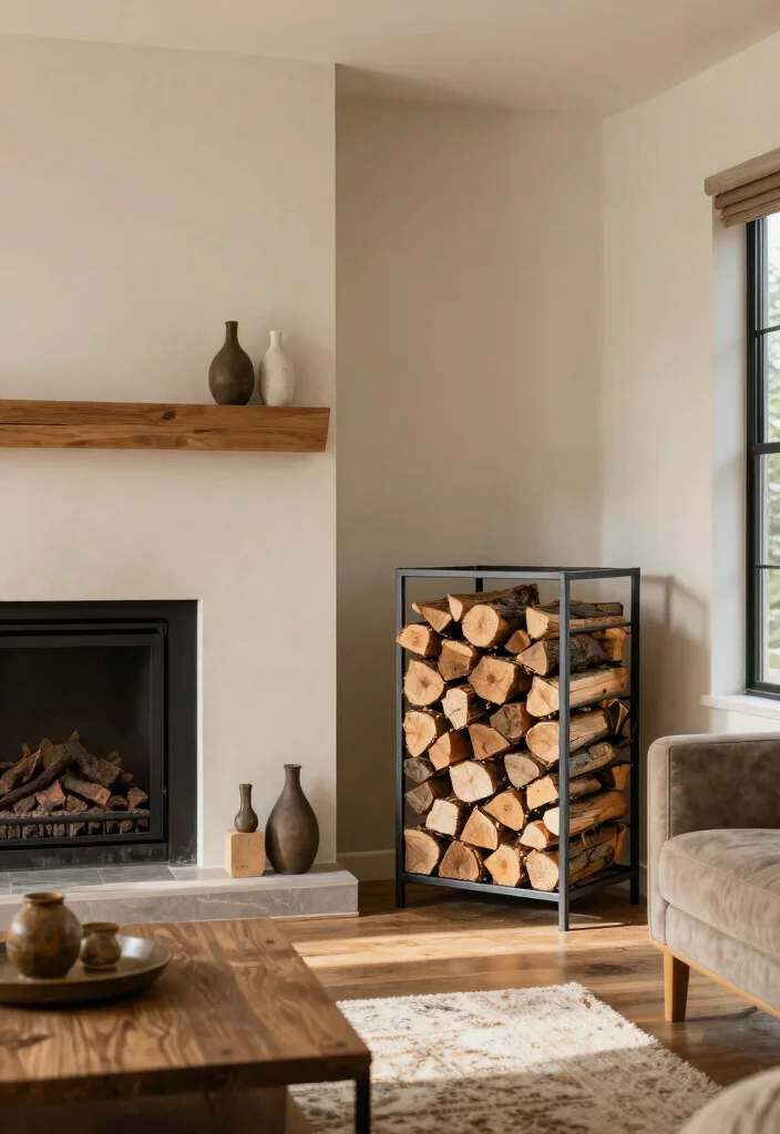 17 Corner Fireplace Living Room Layout Ideas and Furniture Arrangement - 11. Firewood Storage as Decor 1