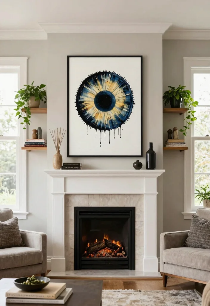 17 Corner Fireplace Living Room Layout Ideas and Furniture Arrangement - 9. Statement Decor Above the Fireplace 1