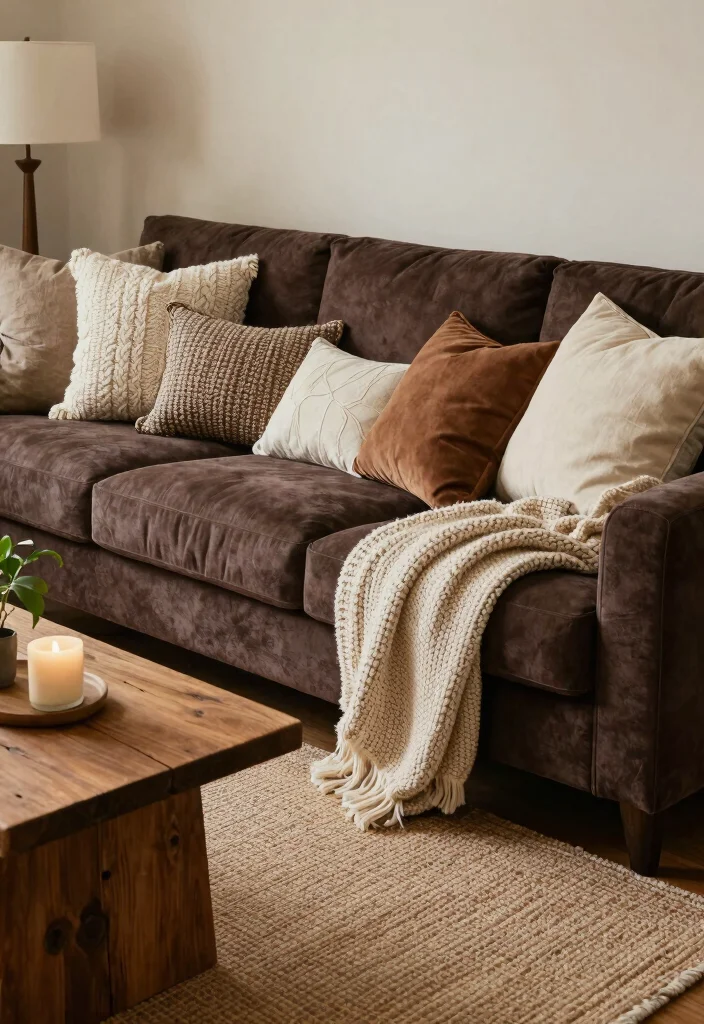 17 Dark Brown Furniture Living Room Decor Ideas - 1. Embrace Textured Fabrics 1