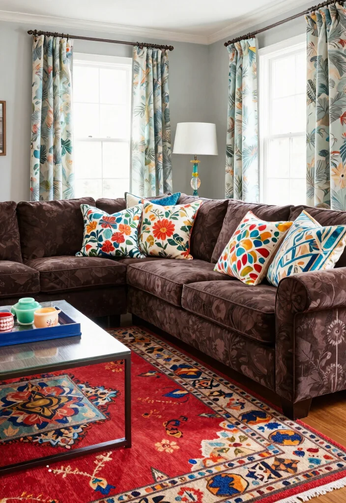 17 Dark Brown Furniture Living Room Decor Ideas - 10. Play with Patterns 1