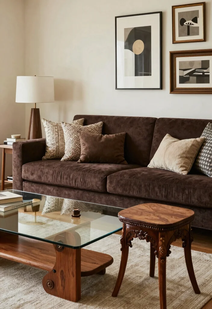 17 Dark Brown Furniture Living Room Decor Ideas - 11. Blend Old and New 1