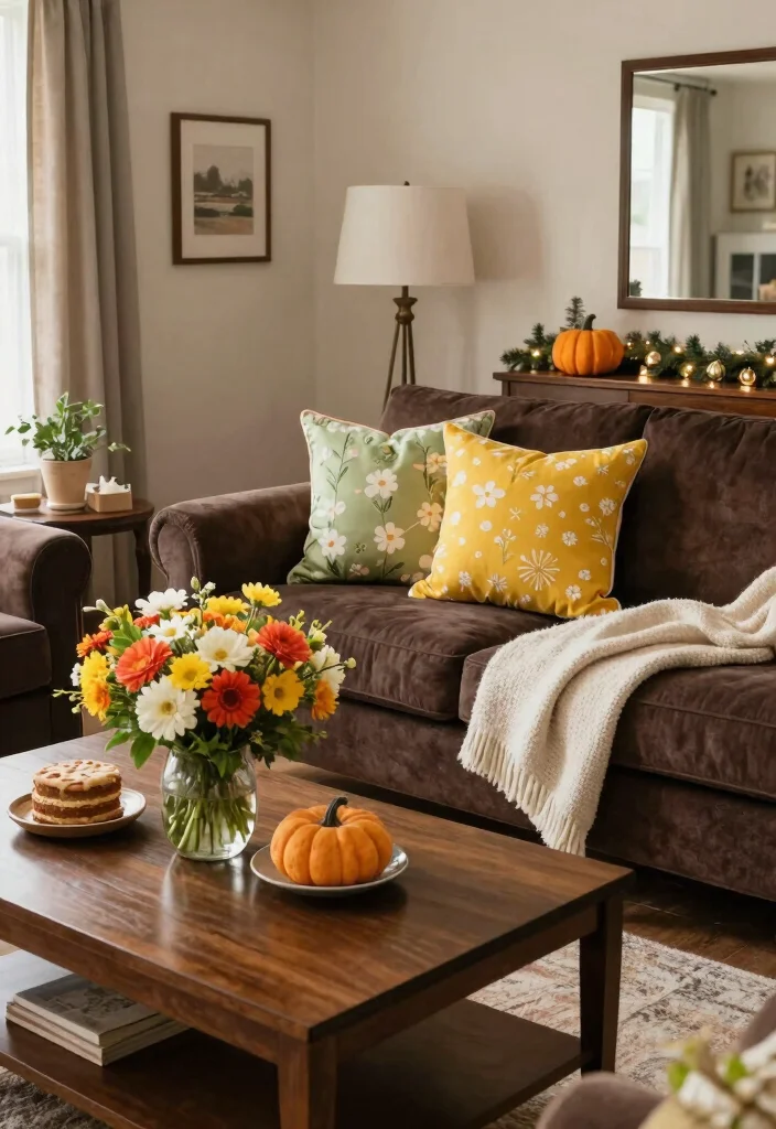 17 Dark Brown Furniture Living Room Decor Ideas - 14. Incorporate Seasonal Decor 1