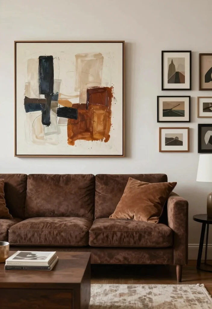 17 Dark Brown Furniture Living Room Decor Ideas - 15. Choose Complementary Artwork 1