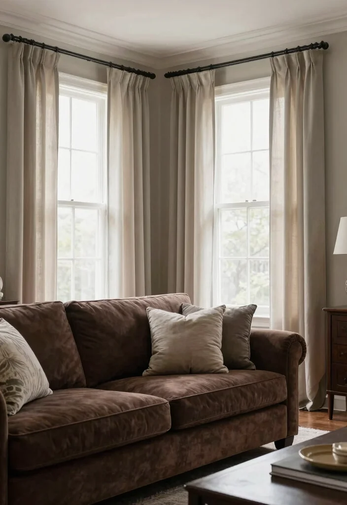 17 Dark Brown Furniture Living Room Decor Ideas - 16. Use Custom Window Treatments 1