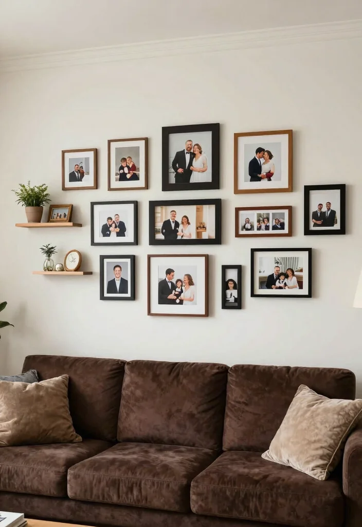 17 Dark Brown Furniture Living Room Decor Ideas - 3. Create a Gallery Wall 1