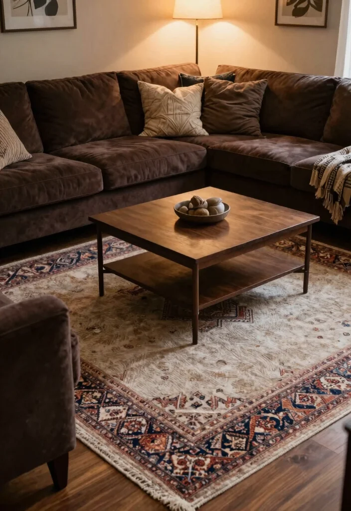 17 Dark Brown Furniture Living Room Decor Ideas - 4. Layer with Cozy Rugs 1