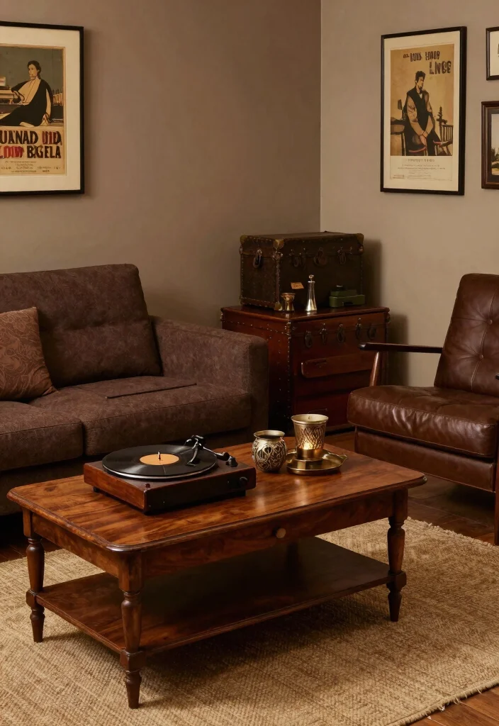 17 Dark Brown Furniture Living Room Decor Ideas - 8. Add Vintage Finds 1