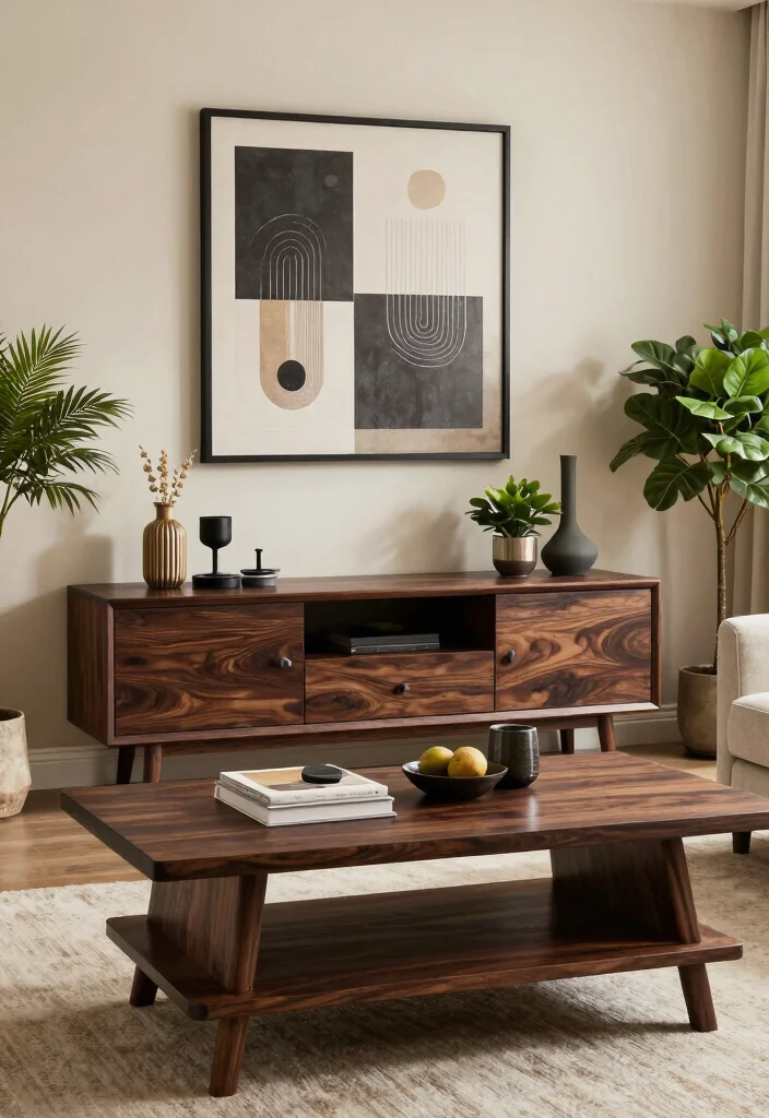 17 Dark Wood Furniture Living Room Ideas for a Rustic Modern Vibe - 13. Personalized Dark Wood Decor 1