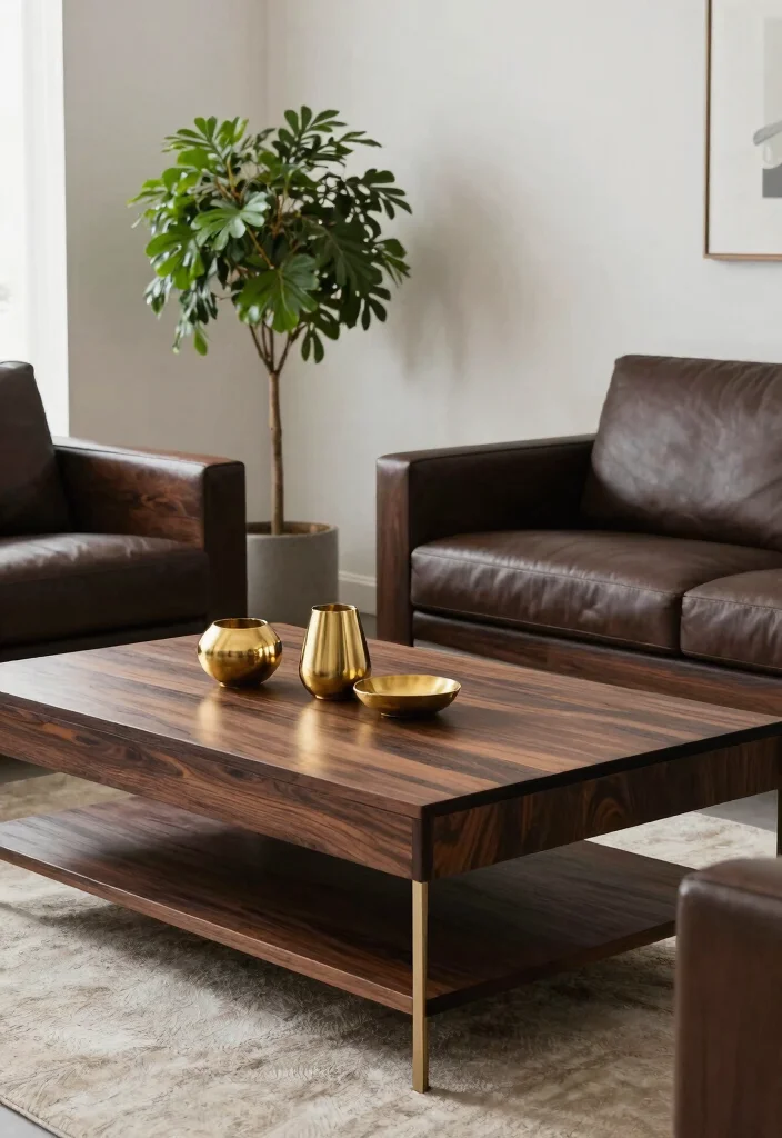 17 Dark Wood Furniture Living Room Ideas for a Rustic Modern Vibe - 14. Dark Wood and Metallic Accents 1