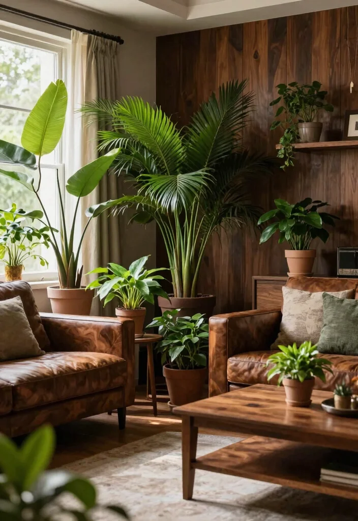 17 Dark Wood Furniture Living Room Ideas for a Rustic Modern Vibe - 15. Dark Wood and Greenery 1