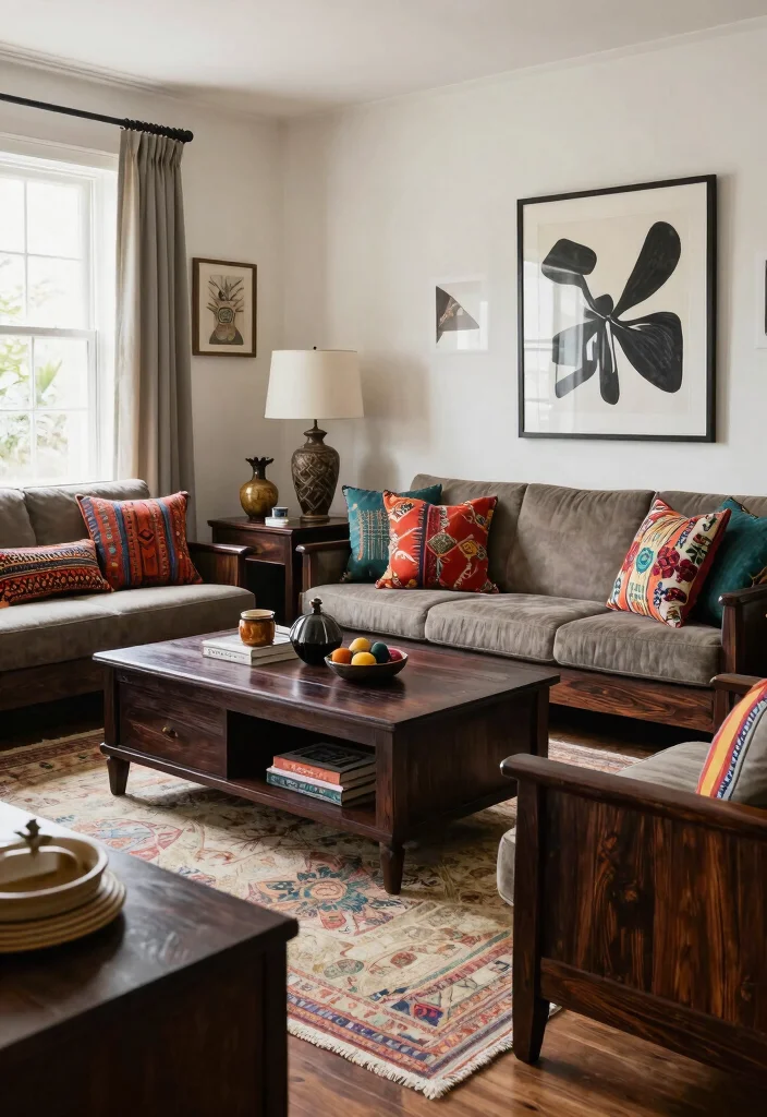 17 Dark Wood Furniture Living Room Ideas for a Rustic Modern Vibe - 17. Dark Wood as a Base for Layered Styles 1