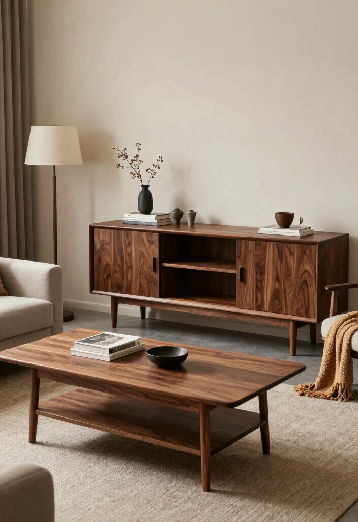 17 Dark Wood Furniture Living Room Ideas for a Rustic Modern Vibe - 8. Mix and Match Dark Woods 1