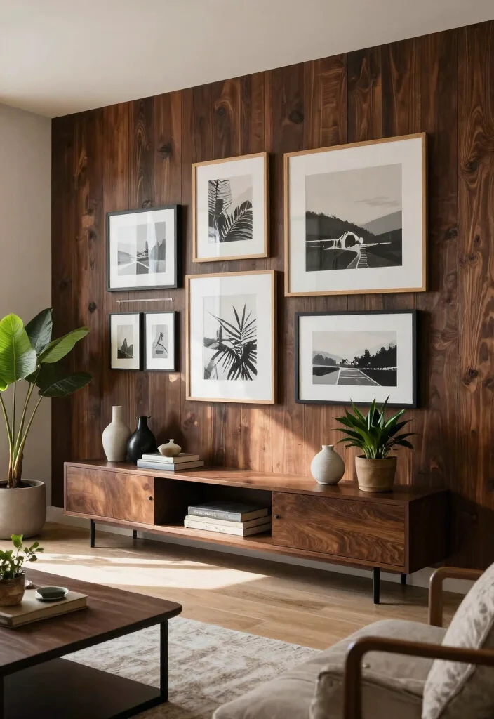 17 Dark Wood Furniture Living Room Ideas for a Rustic Modern Vibe - 9. Incorporating Dark Wood in Wall Decor 1