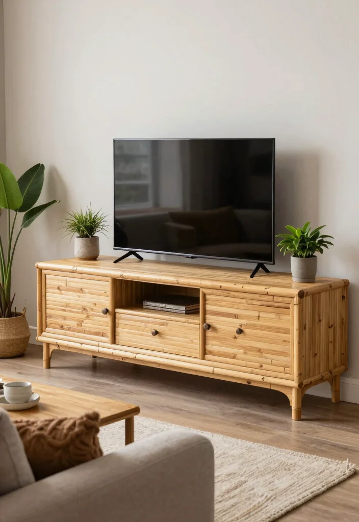 17 Furniture Design Ideas for Living Room TV Units - 7. Eco-friendly Bamboo Bliss 1