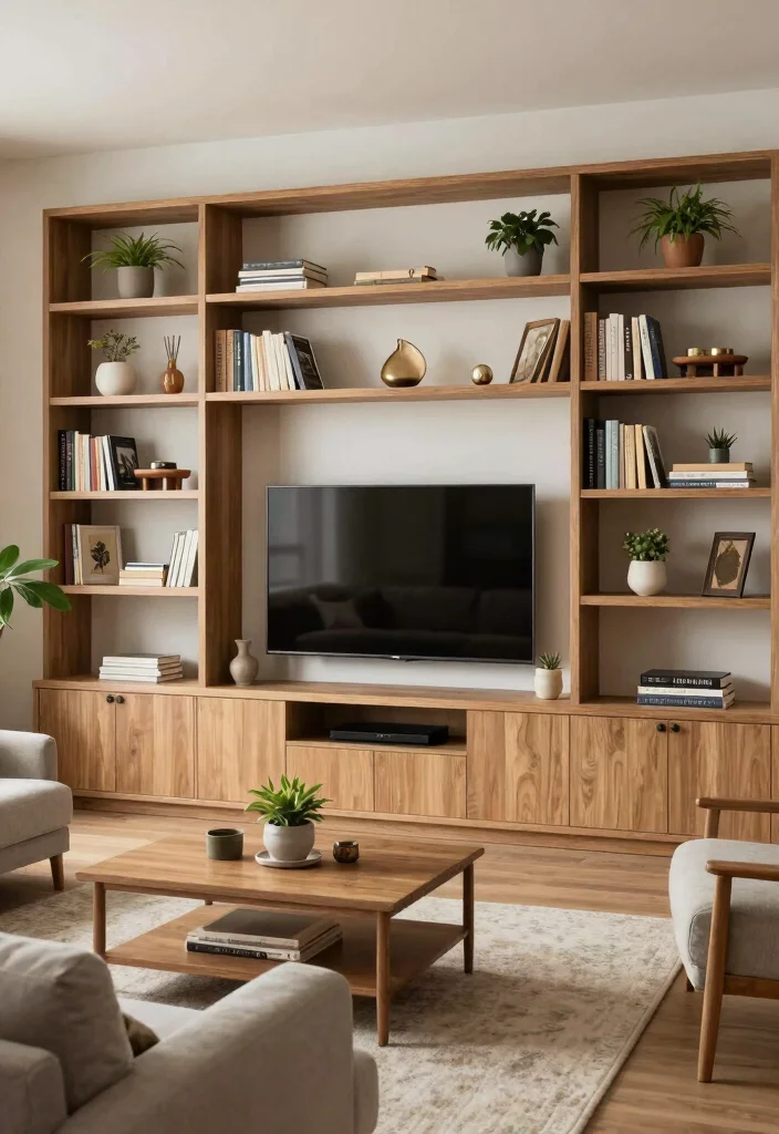 17 Furniture Placement Ideas in Living Room with TV - 11. Open Shelving Around TV 1