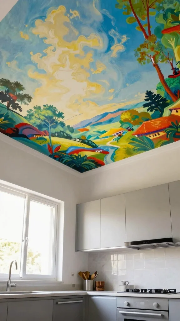 17 Kitchen False Ceiling Design Ideas: Modern Overhead Styles - 15. Artistic Ceiling Murals 1