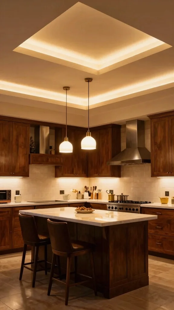 17 Kitchen False Ceiling Design Ideas: Modern Overhead Styles - 5. Layered Lighting Magic 1