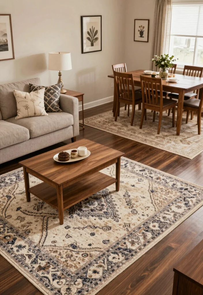 17 Living Room Dining Room Combo Layout and Furniture Placement Ideas - 7. Creating Zones with Rugs 1