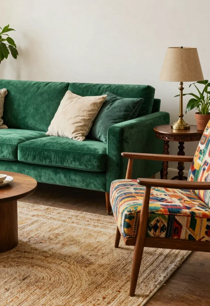 17 Mix and Match Living Room Furniture Ideas for a Stylish Look - 1. The Bold Sofa and Vintage Chair Duo 1