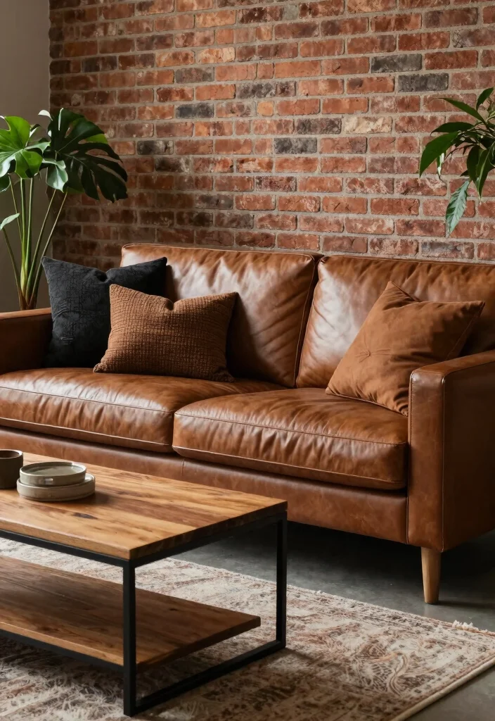 18 Brown and Black Furniture Living Room Ideas: Industrial Chic Designs - 1. Cozy Leather Sofa and Metal Accents 1
