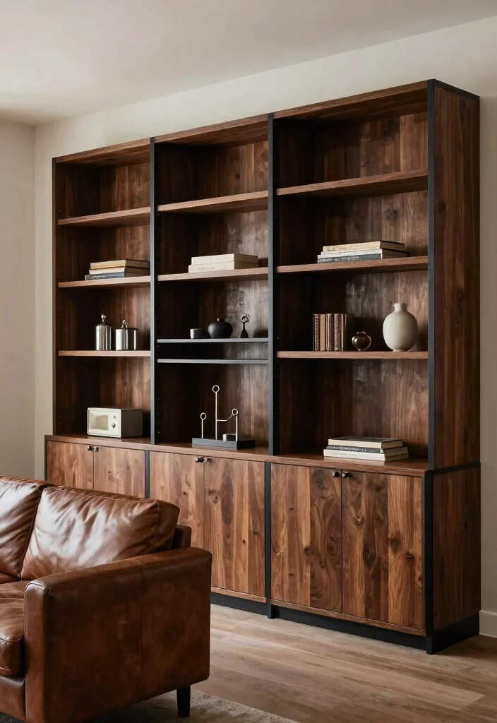 18 Brown and Black Furniture Living Room Ideas: Industrial Chic Designs - 10. Custom Built-ins 1