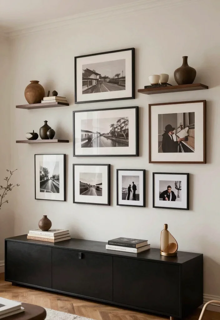 18 Brown and Black Furniture Living Room Ideas: Industrial Chic Designs - 14. Layered Wall Decor 1