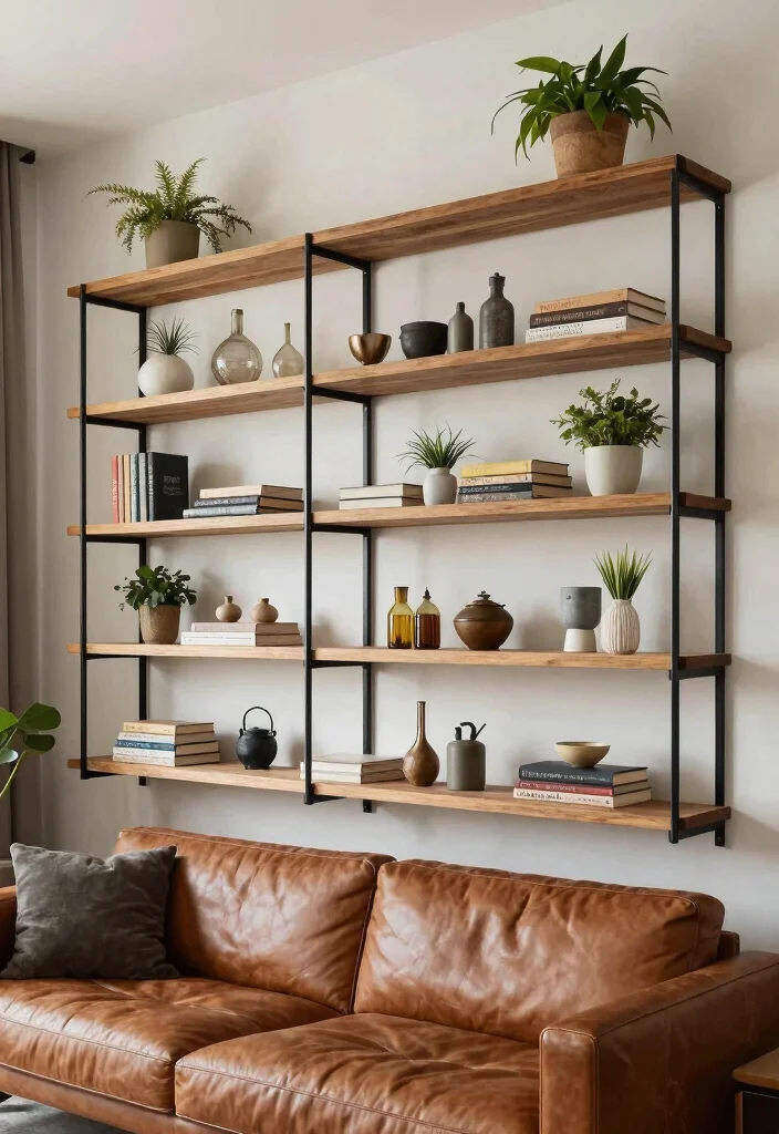 18 Brown and Black Furniture Living Room Ideas: Industrial Chic Designs - 9. Open Shelving Solutions 1