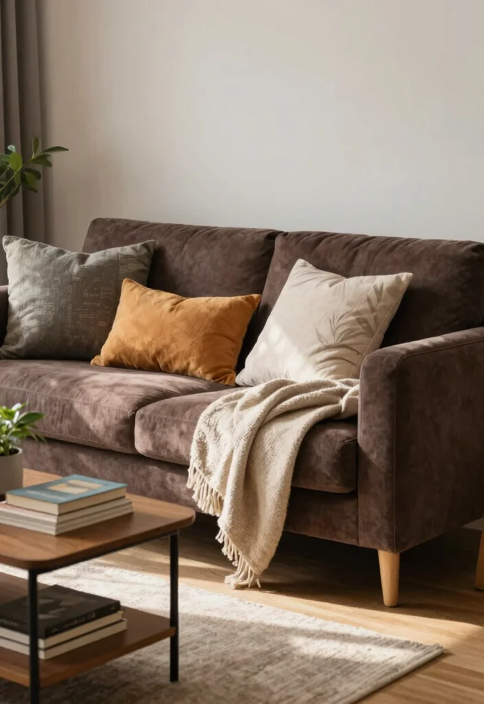 18 Dark Brown Furniture Living Room Decor and Interior Design Ideas - 11. Throw Blankets and Pillows 1