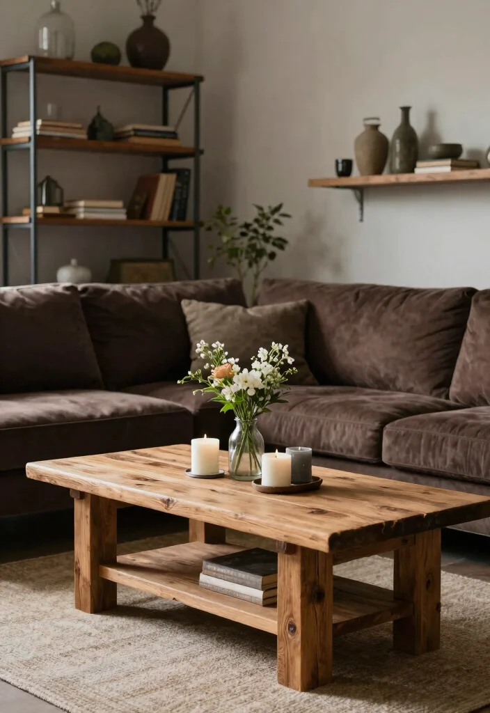 18 Dark Brown Furniture Living Room Decor and Interior Design Ideas - 2. Rustic Wood Accents 1