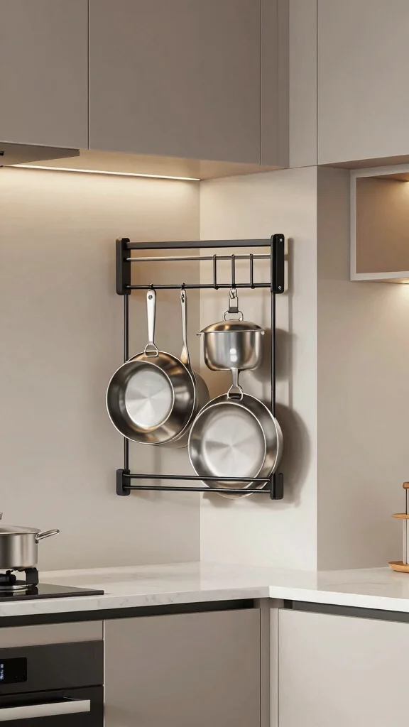 18 Kitchen Corner Design Ideas: Maximize Unused Space - 15. Wall-Mounted Pot Racks 1