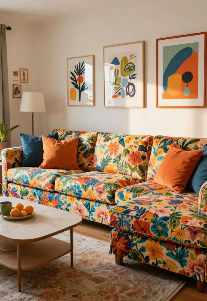 18 L-Shape Couch Living Room Layout and Furniture Arrangement - 13. Play with Patterns: Fun and Quirky 1