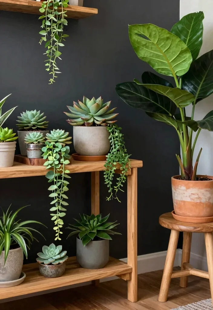 18 Mixing Dark and Light Wood Furniture in Living Room - 12. Accent with Greenery 1