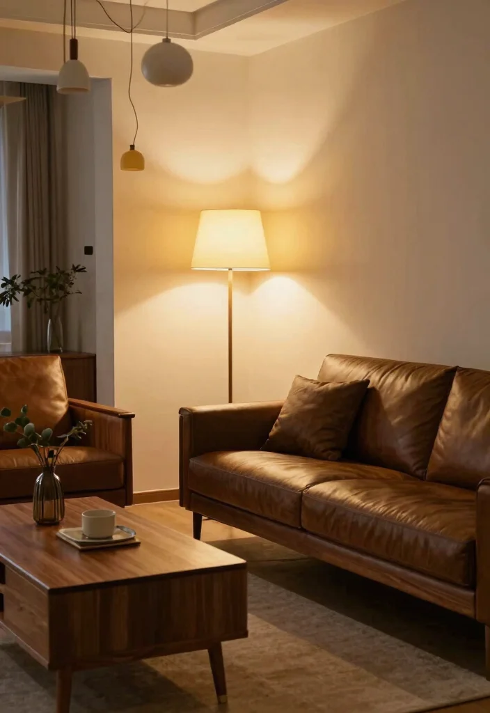 18 Mixing Dark and Light Wood Furniture in Living Room - 13. Incorporate Lighting 1