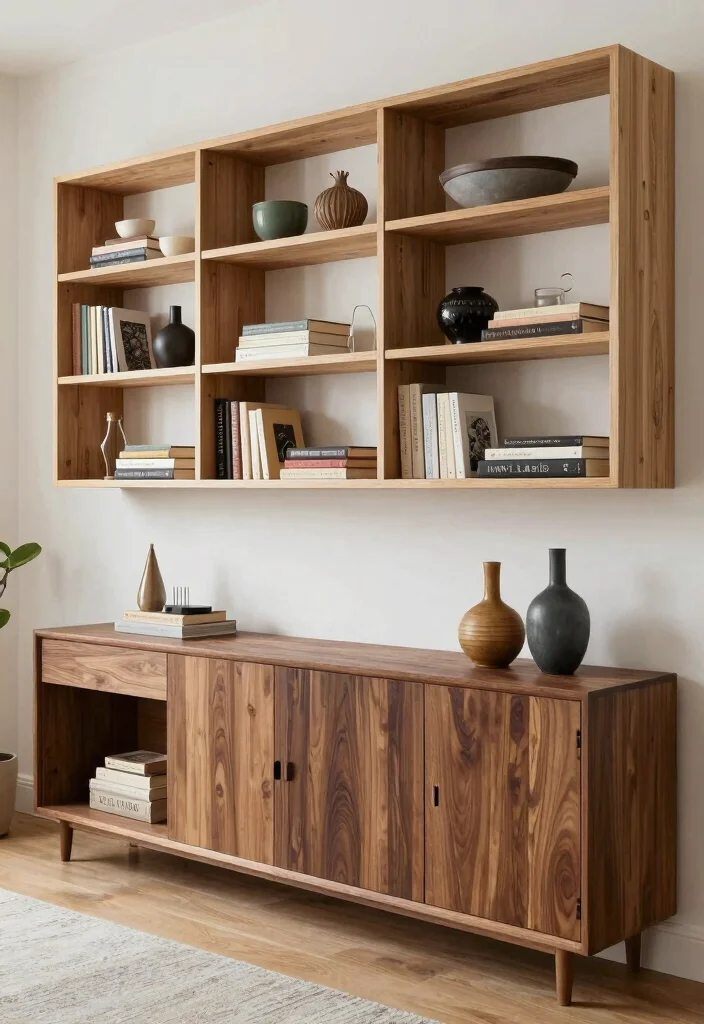 18 Mixing Dark and Light Wood Furniture in Living Room - 6. Utilize Open Shelving 1