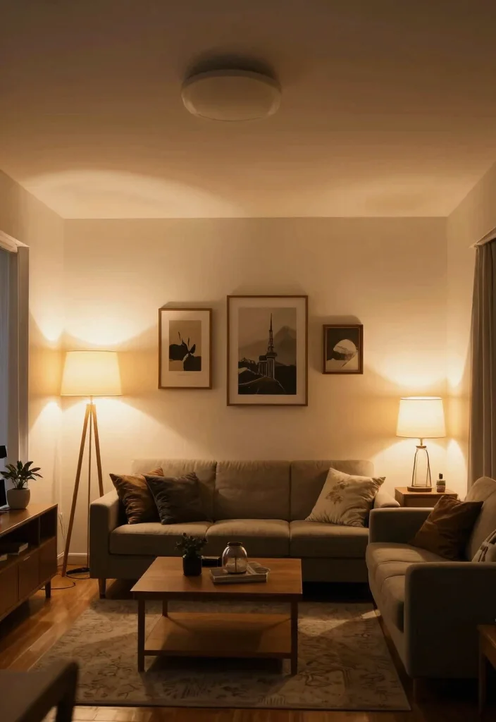18 Small Apartment Living Room Layout and Furniture Arrangement Ideas - 18. Layered Lighting Design 1