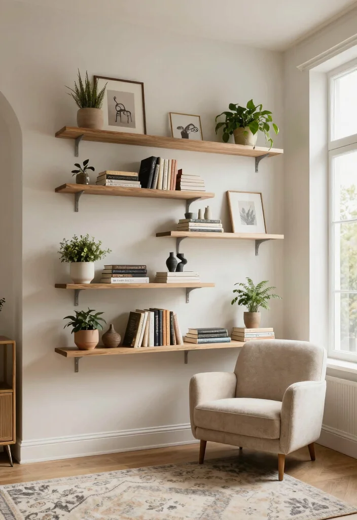 18 Small Apartment Living Room Layout and Furniture Arrangement Ideas - 4. Floating Shelves 1